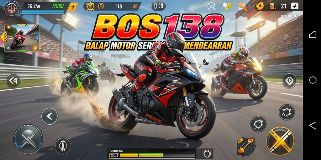 Tampilan gameplay BOS138 dengan motor yang melaju kencang di trek balap.