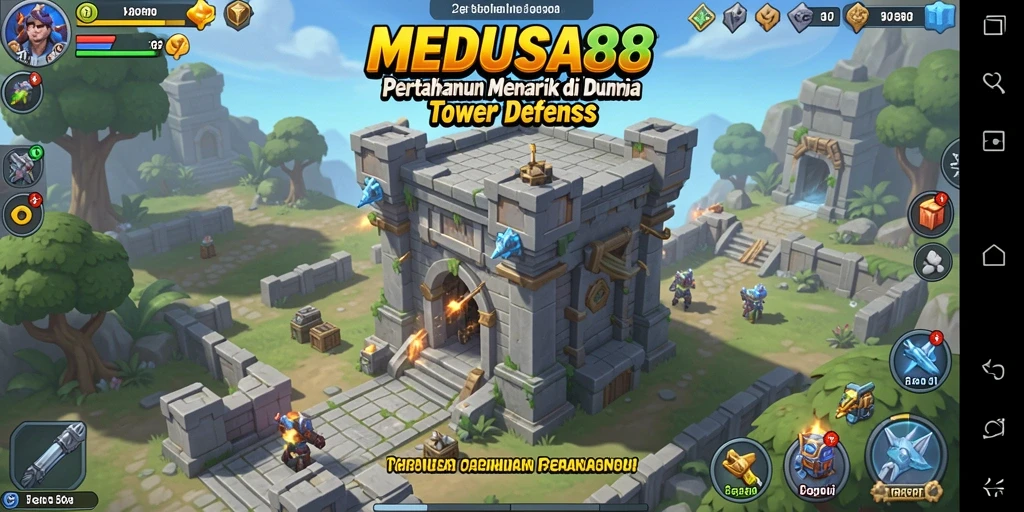 Tampilan gameplay seru Tower Defense dengan menara yang beragam.